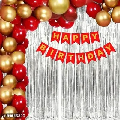 BALLOONS Solid Happy Birthday Red Theme Combo Pack I Party Decor I   Pack of 45 (1 pc Red Bunting Banner   30 Latex Balloons   2 Fringe SILVER Curtains Balloon (Red  Gold  Pack of 33) Balloon  (Red  Gold  Silver  Pack of 33)