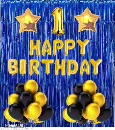 1 no foil happy birthday gold 2 gold star 2 blue curtain 30 black gold mattalic ballon