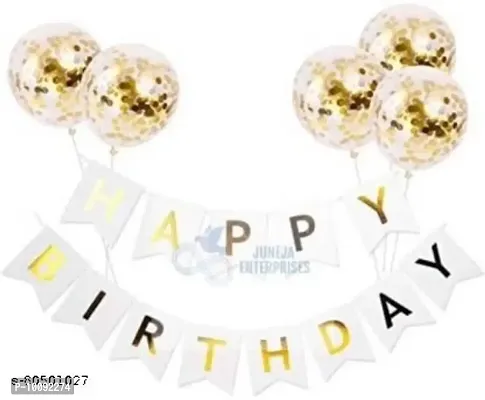 BALLOONS. Solid Confetti Balloons With Happy Birthday Banner Balloon  (Gold  White  Pack of 6)-thumb0