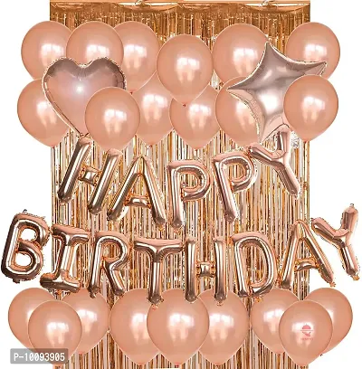 Happy Birthday Decoration Kit 37 pc Combo with Rose Gold Birthday Banner 4pc Heart and Star Foil Balloon  2 Pc Rose Gold Foil Curtain for Birthday Decoration&nbsp;&nbsp;(Set of 37)