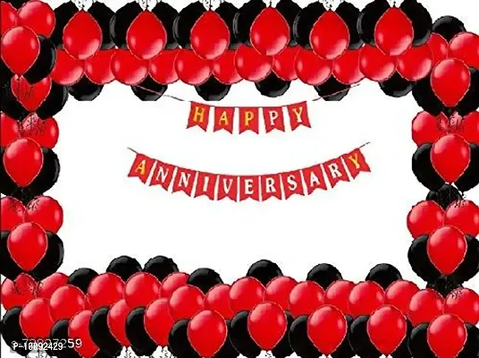 BALLOONS. Happy Anniversary Combo for Anniversary Decoration Total 66 Pcs Red Bunting Banner(16) Metallic HD Balloons Red 25 Black 25