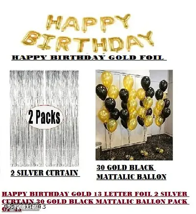 HAPPY BIRTHDAY GOLD 13 LETTER FOIL 2 SILVER CURTAIN 30 GOLD BLACK MATTALIC BALLON PACK OF 45-thumb2