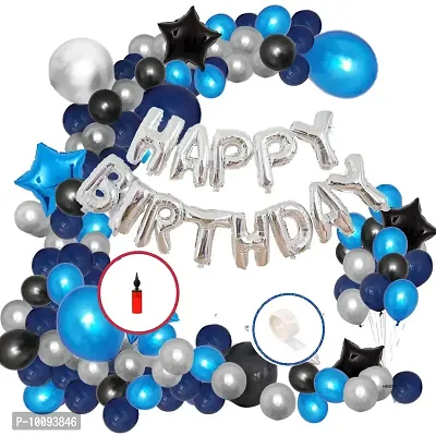 45 Pcs Combo  Blue  Black and Silver Metallic Balloons with Air Pump   Happy Birthday Letter Foil   Glue Dot| Birthday Decorations Kit Balloon&nbsp;&nbsp;(Black  Silver  Blue  Pack of 45)