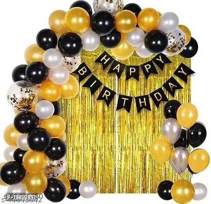 HAPPY BIRTHDAY BLACK BANNER  30 PCS   GOLDEN  BLACK AND SILVER METALLIC BALLOONS   2 PCS GOLDEN FRINGE CURTAIN   1 FREE GIFT-thumb0