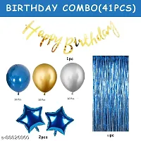 Happy Birthday Cursive Banner   2 Star Foil Balloons   2 Fringe Foil Curtain   30 Metallic Latex Balloons (Blue  Gold   Silver)-thumb1