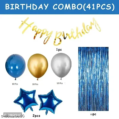 Happy Birthday Cursive Banner   2 Star Foil Balloons   2 Fringe Foil Curtain   30 Metallic Latex Balloons (Blue  Gold   Silver)-thumb2