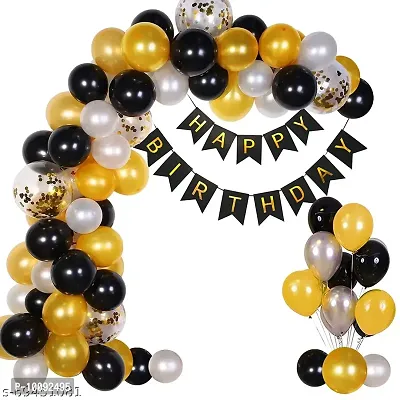 SOLID BALLOONS Package include 1pc black happy birthday banner  12pcs black  12pcs gold  12pcs silver and 4pcs golden confetti.