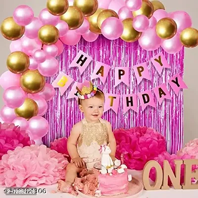 Happy Birthday Banner For Decoration Kit  52 Pcs Combo Set   Pink Happy Birthday Banner  Pink Curtain Foil  Metallic Golden and Pink Latex Balloons-thumb4