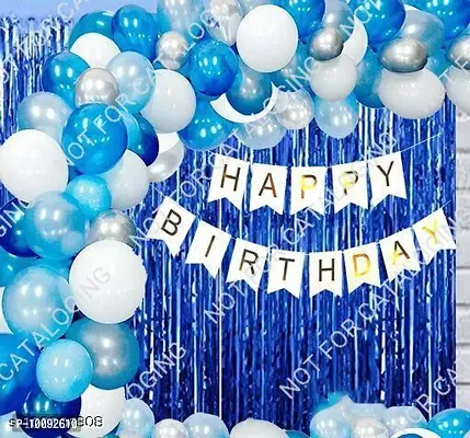 Happy Birthday Banner White   2pcs Blue Fringe   Curtain   30pcs Blue  Silver  White Matellic Balloons Combo-thumb0