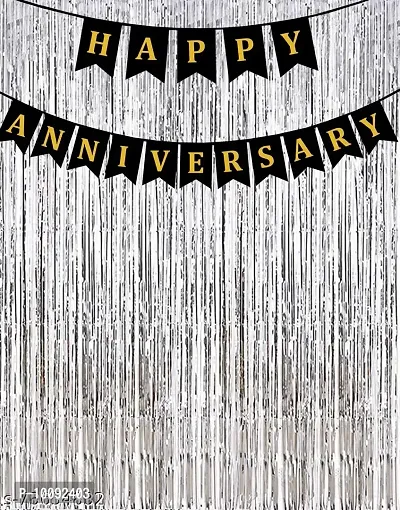 BALLOONS. Happy Anniversary Banner with 2 Silver Fringe Curtains for Party-thumb0