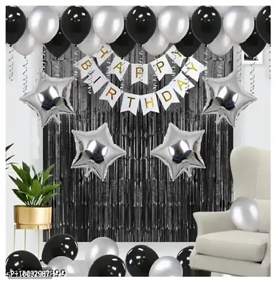 happy birthday white benner  2 black curtain 4 silver star 24 black silver ballon