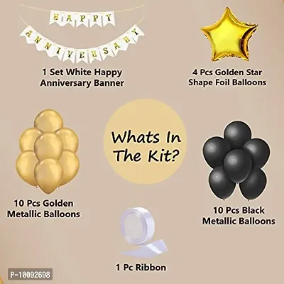 Black   Golden Happy Anniversary Decoration Kit   Pack of 26 Pcs   White Banner  Star Shape Foil   Metallic Balloons Wall Decoration