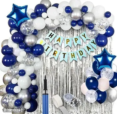 blue happy birthday benner   2pcs 10inch blue star foil balloon  2pc silver foil curtain  20pcs dark blue metallic  20pcs white metallic  10pcs silver metallic  3pcs silver confetti  1pc hand balloon pump  1pc glue dot and 1pc 5mtr arch roll.-thumb0