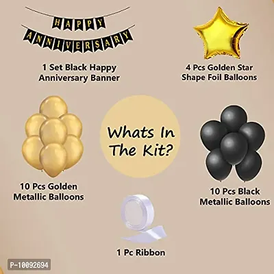 Black   Golden Happy Anniversary Decoration Kit   Pack of 26 Pcs   Banner  Star Shape Foil   Metallic Balloons Wall Decoration