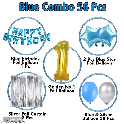 Birthday Decoration kit for 1st Birthday Boys 56Pcs with Foil Curtain   Bday Supplies Items with Blue HBD foil Balloon  Number Foil Baloons 1st Birth Day Props for Kids  Baby Newborn Gifts Set-thumb2