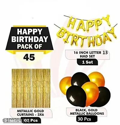 Happy Birthday Golden Foil Letter Balloons(13 foil latter 1 pack)With 30 Pic Black Gold Balloons And 2 Pcs Golden Metallic Fringe Shiny Curtains(Pack Of 45)-thumb2