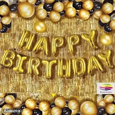 Solid Happy Birthday Golden Foil Letter Balloons(13 foil latter 1 pack)With 30 Pic Black Gold Balloons And 2 Pcs Golden Metallic Fringe Shiny Curtains(Pack Of 45)