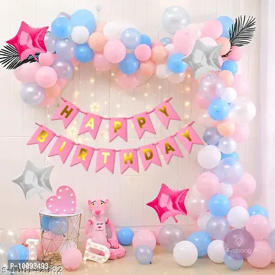 Happy Birthday Decoration Kit 80pc combo with Birthday Banner pink color  pink  blue  white (60 balloon)   4pc Star Foil Balloon  1pc Light  ribbon  balloon arch for birthday decoration-thumb0