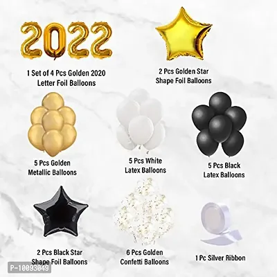 Black   Golden New Year Decoration Items 2022   30 Pcs Combo   2022 Foil  Star Shape Foil  Confetti  Metallic   Latex Balloons for Home Decor NY Eve Party