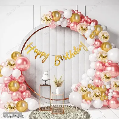 Rose Gold Birthday Decoration Items Combo Set For Girls Kids Wife &ndash; Happy Birthday Banner  Metallic Balloons  Glue Dot Arch Strip  For Birthday Decorations Celebrations &ndash; 47Pcs