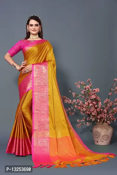 Pink  Gold-Toned Woven Design Zari Silk Blend Patola Saree-thumb0