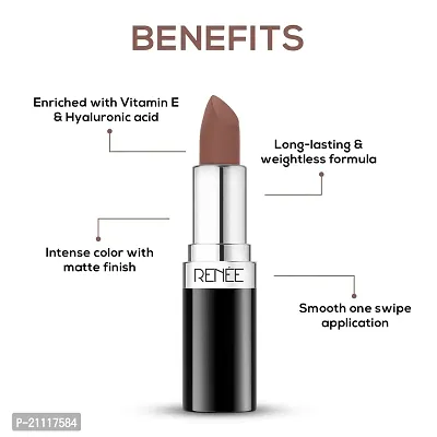 RENEE Stunner Matte Lipstick - Queen Bee 4gm| Intense Color Pay Off, Full Coverage Long Lasting Weightless Velvety Formula with One Swipe Application| Enriched with Vitamin E  Hyaluronic Acid-thumb2