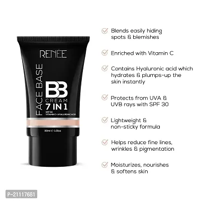 RENEE Face Base BB Cream 7 in 1 with SPF 30 PA+++ Peanut 30ml| Enriched with Hyaluronic Acid  Vitamin C| Hydrates, Nourishes  Smoothens Skin-thumb2