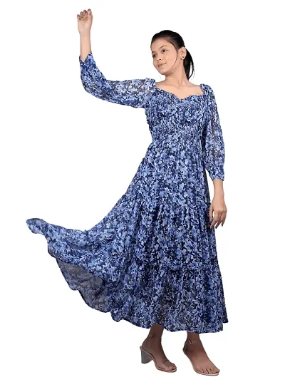 Mrutbaa Women's Chiffon Fabric Full Sleeve Causal Wear Printed Dress Solid Pattern Ankle Length Maxi Dress (Color Navy Blue | Size Medium)