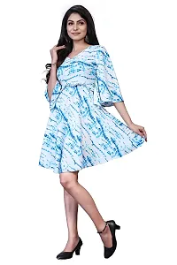 Elegant Crepe Blue Shibori Printed Bell Sleeve Above Knee Length Dress For Women-thumb3