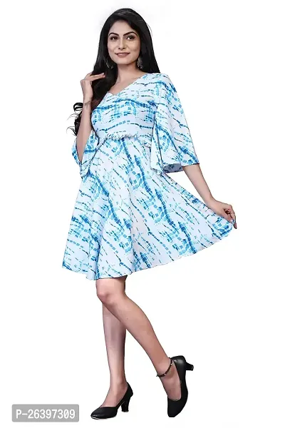 Elegant Crepe Blue Shibori Printed Bell Sleeve Above Knee Length Dress For Women-thumb4