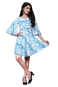 Elegant Crepe Blue Shibori Printed Bell Sleeve Above Knee Length Dress For Women-thumb4