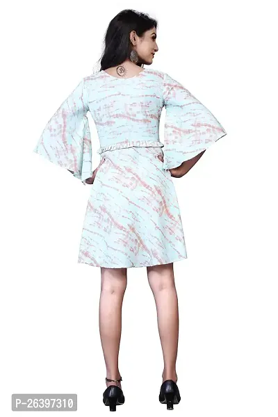 Elegant Crepe Peach Shibori Printed Bell Sleeve Above Knee Length Dress For Women-thumb2