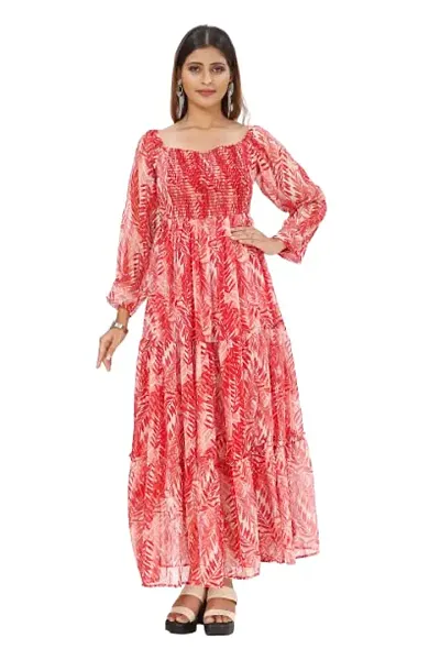 Mrutbaa Women's Chiffon Fabric Full Sleeve Causal Wear Printed Dress Solid Pattern Ankle Length Maxi Dress (Color Red | Size X - Large)