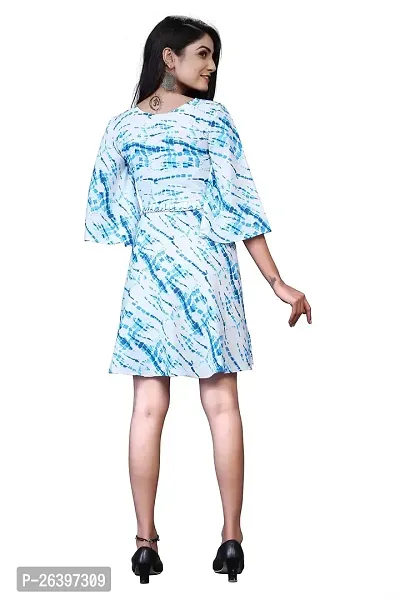 Elegant Crepe Blue Shibori Printed Bell Sleeve Above Knee Length Dress For Women-thumb2