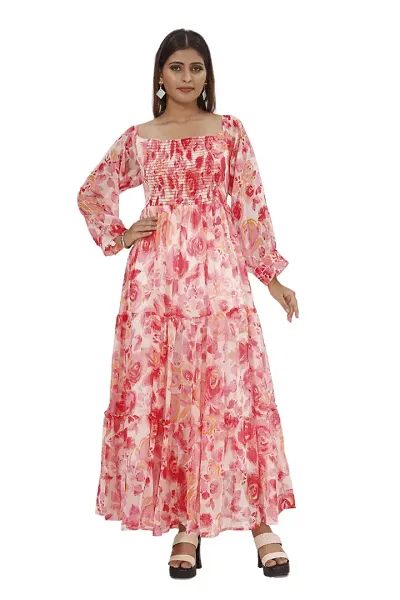 Mrutbaa Women's Chiffon Fabric Full Sleeve Causal Wear Printed Dress Solid Pattern Ankle Length Maxi Dress (Color Pink | Size Small)