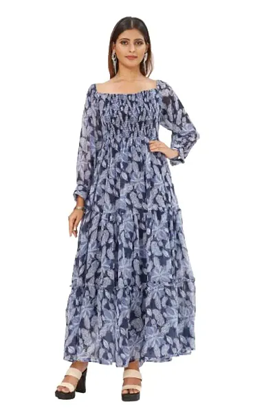 Mrutbaa Women's Chiffon Fabric Full Sleeve Causal Wear Printed Dress Solid Pattern Ankle Length Maxi Dress (Color Blue | Size Large)