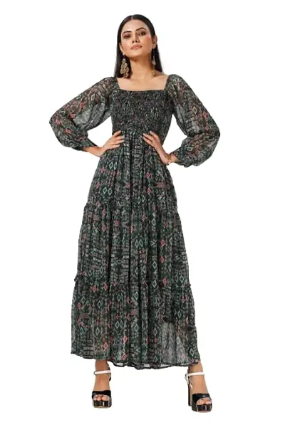 Mrutbaa Women's Chiffon Fabric Full Sleeve Causal Wear Printed Dress Solid Pattern Ankle Length Maxi Dress (Color Green | Size Small)