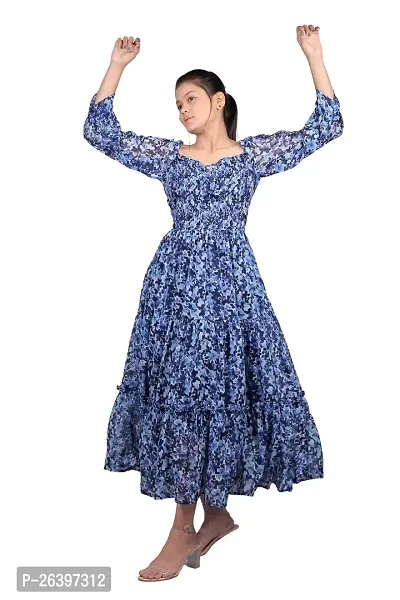 Elegant Chiffon Blue Floral Printed Maxi Length Dress For Women