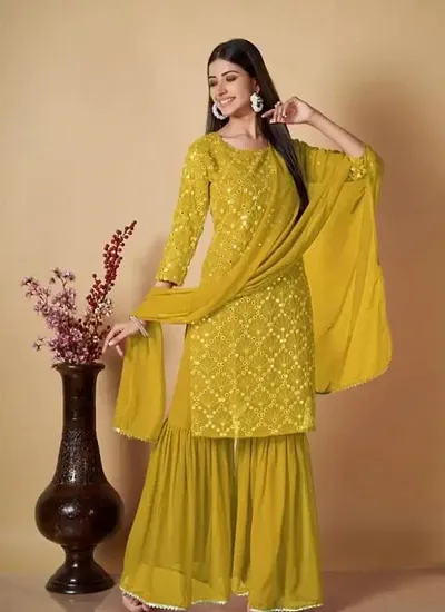 Stylish Georgette Kurta With Bottom And Dupatta Set For Women