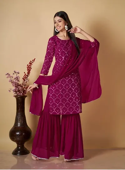 Reliable Georgette Sequence Kurta with Sharara And Dupatta Set For Women