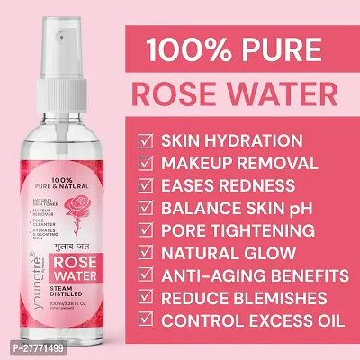 Youngtre Rose Pure Organic  Natural Water | For Face  Skin | Makeup Remover Toner  Mist | For Glowing  Natural Skin | Pack Of 1-thumb2