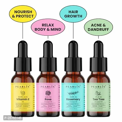 Pearlix Rose, Rosemary, Tea Tree Essential Oil  Vitamin E Oil 100% Pure  Natural 10ml Each Pack of 4