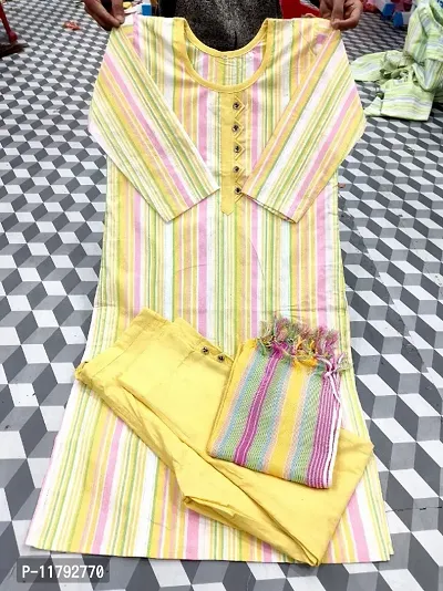 Yellow Khadi Cotton Striped Kurtas For Women-thumb0