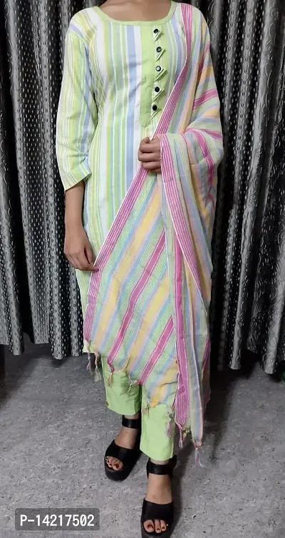 Trendy Khadi Cotton Kurti With Pant And Dupatta Set-thumb0