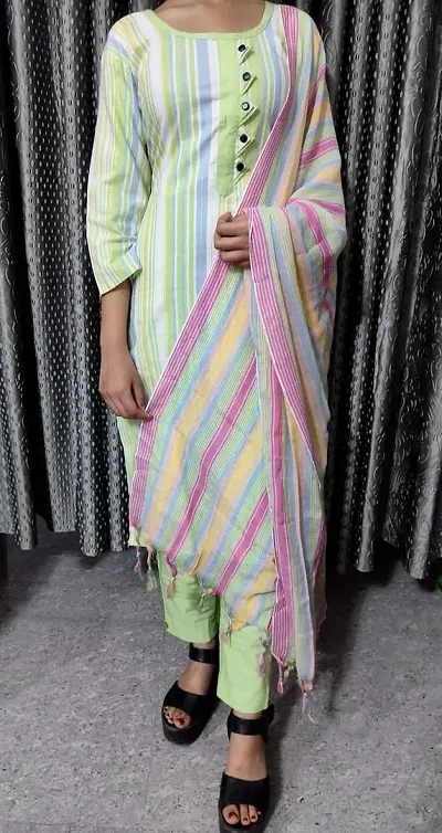 Trendy Khadi Cotton Kurti With Pant And Dupatta Set