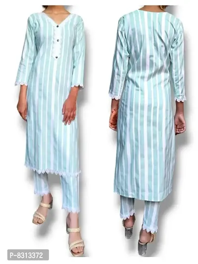 Elegant Khadi Cotton Solid 3/4 Sleeves Kurta With Striped Pant Set For Women