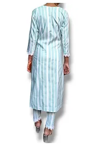 Elegant Khadi Cotton Solid 3/4 Sleeves Kurta With Striped Pant Set For Women-thumb1