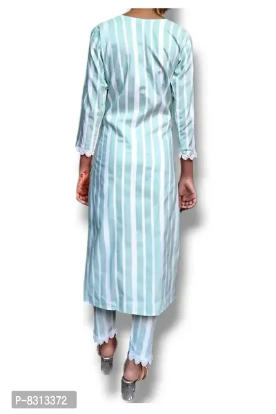 Elegant Khadi Cotton Solid 3/4 Sleeves Kurta With Striped Pant Set For Women-thumb2