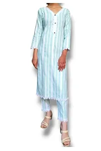 Elegant Khadi Cotton Solid 3/4 Sleeves Kurta With Striped Pant Set For Women-thumb2