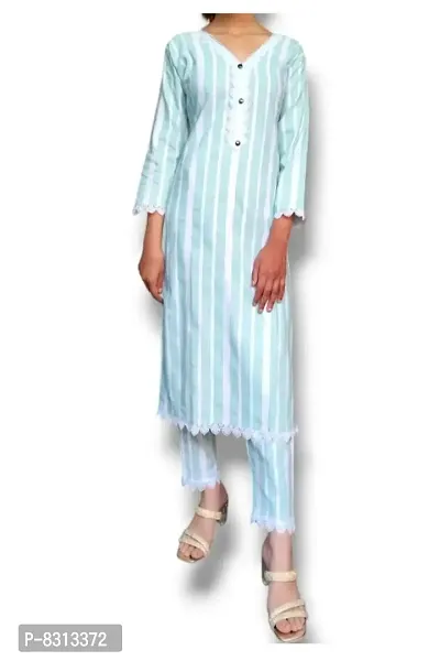 Elegant Khadi Cotton Solid 3/4 Sleeves Kurta With Striped Pant Set For Women-thumb3